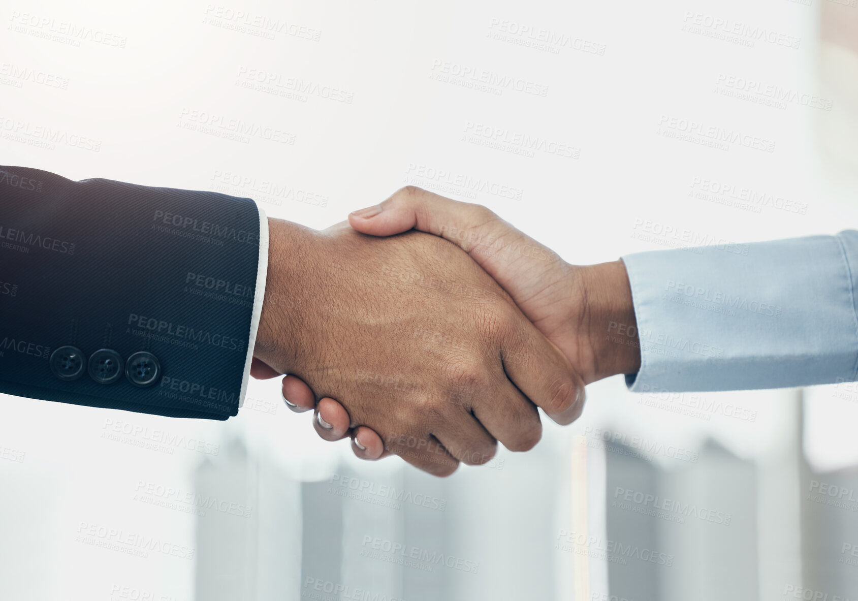 Buy stock photo Business people shaking hands, partnership and meeting, consulting and networking agreement, hiring deal and b2b goals, welcome and company trust. Corporate handshake, thank you and teamwork support 