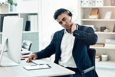 Buy stock photo Neck pain, stress and call center businessman health injury, risk and frustrated at agency office desk. Young salesman consultant burnout, joint pain and poor body posture, anxiety and muscle problem
