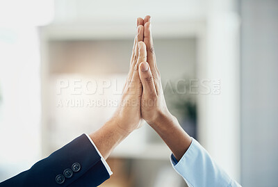 Buy stock photo Business people high five hands, success celebration and team building, winner deal and collaboration, support and target. Employees achievement goals, teamwork motivation and b2b partnership mission