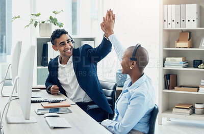 Buy stock photo Call center, high five and team hands in support of sale, telemarketing and success, sales and target in office. Teamwork, b2b and hand in motivation with consultant happy, smile and crm consulting