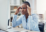 Stress, call center or sales consultant woman with headache for telemarketing, 404 computer error or IT burnout depression. CRM, customer support or communication anxiety, networking or mental health