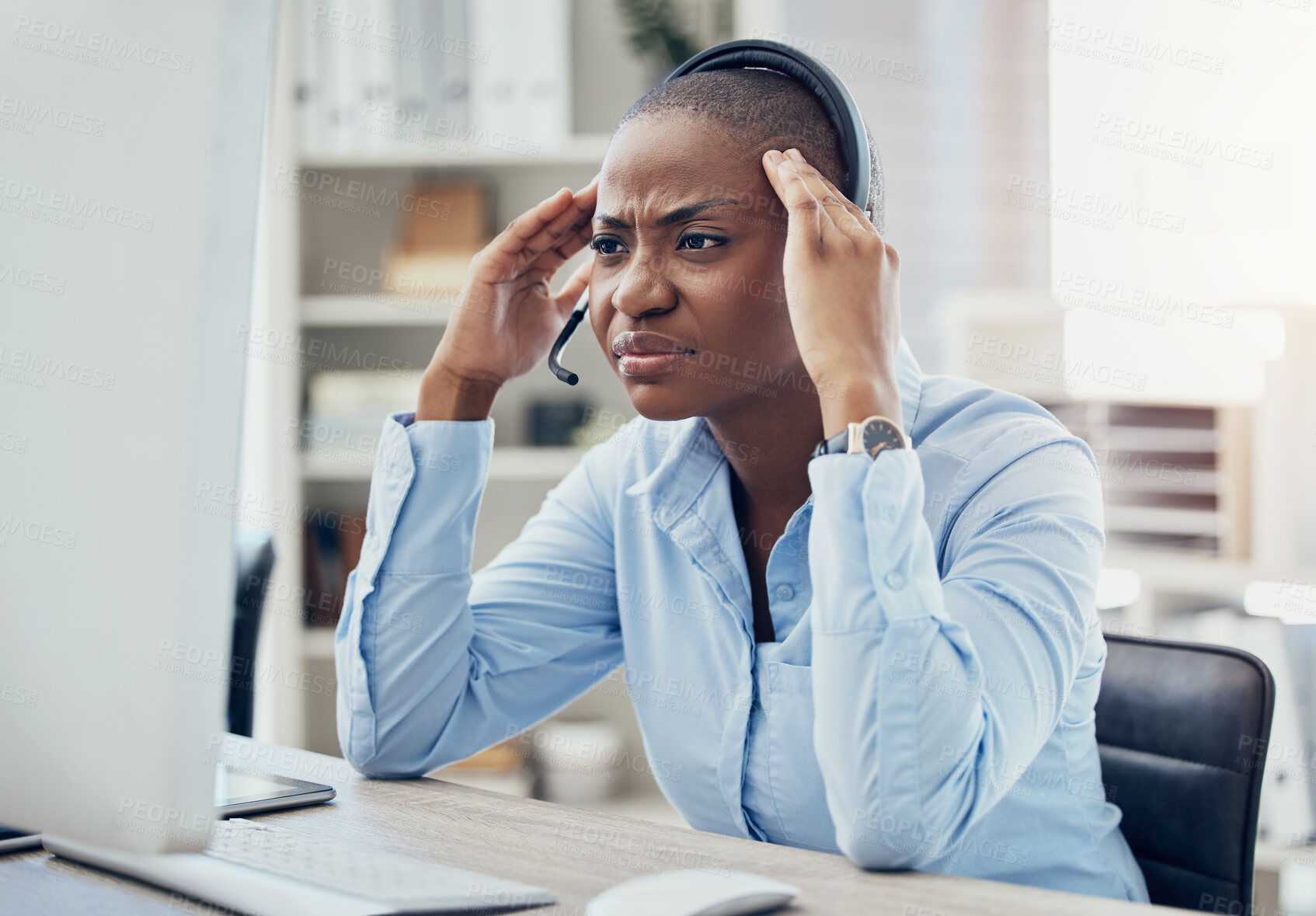 Buy stock photo Stress, call center or sales consultant black woman with telemarketing headache, 404 computer error or burnout depression. CRM, customer support or communication anxiety, networking or mental health