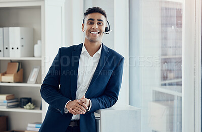 Buy stock photo Call center businessman, portrait and customer service, consulting and contact us advice, telemarketing help and customer support. Happy consultant, salesman and crm communication worker in startup 