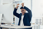 Angry, stress and businessman breaking technology in digital marketing office, advertising startup or company after 404 glitch. Mad, shouting or aggressive worker smashing tablet in rage from mistake