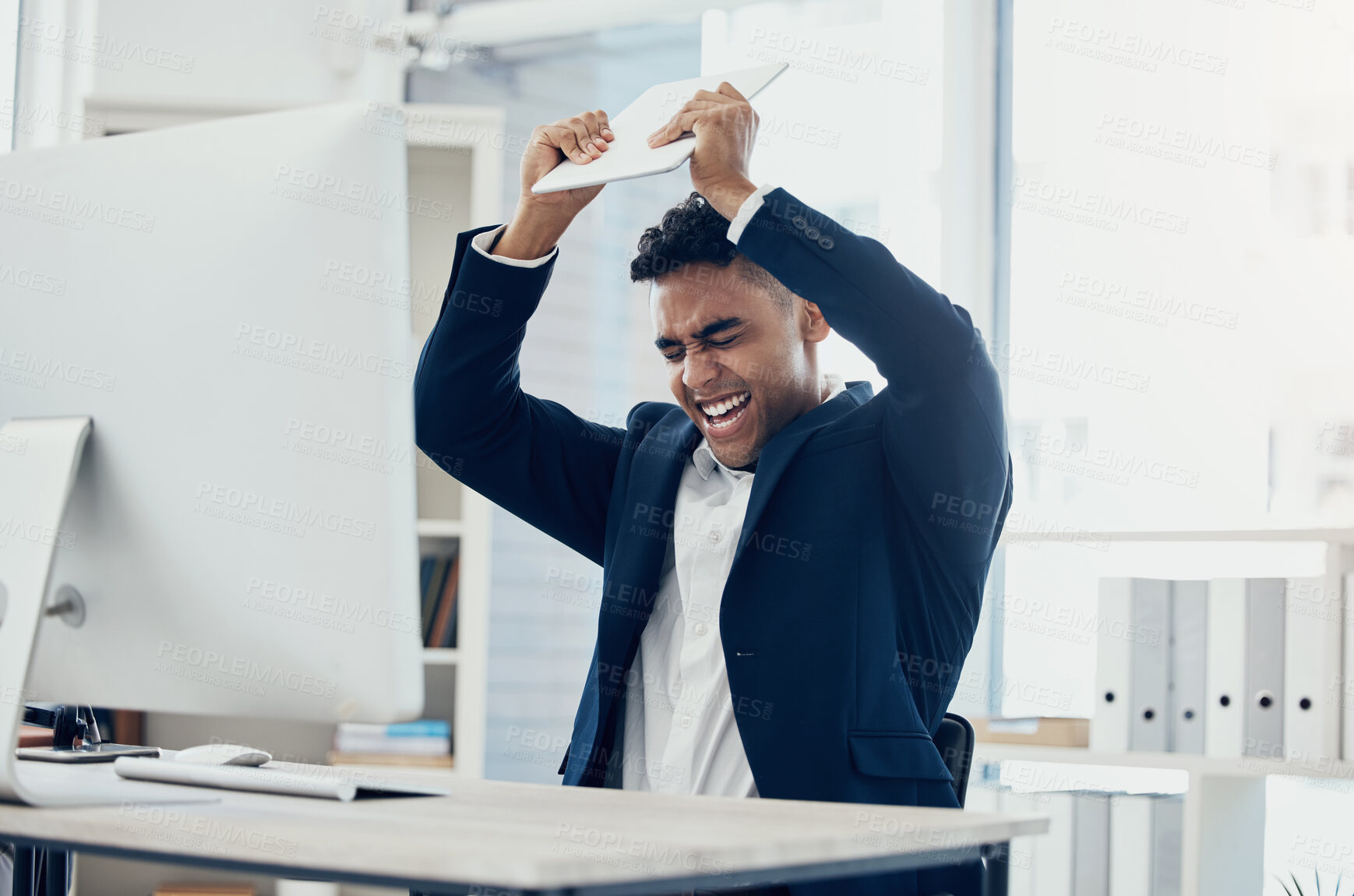 Buy stock photo Angry, stress and businessman breaking technology in digital marketing office, advertising startup or company after 404 glitch. Mad, shouting or aggressive worker smashing tablet in rage from mistake