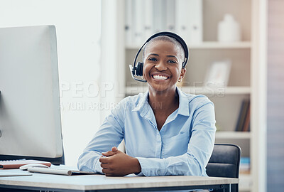 Buy stock photo Call center, customer service and black woman consultant in office for consulting, crm and customer support. Portrait, contact us and face of telemarketing manager happy, smile and relax online job