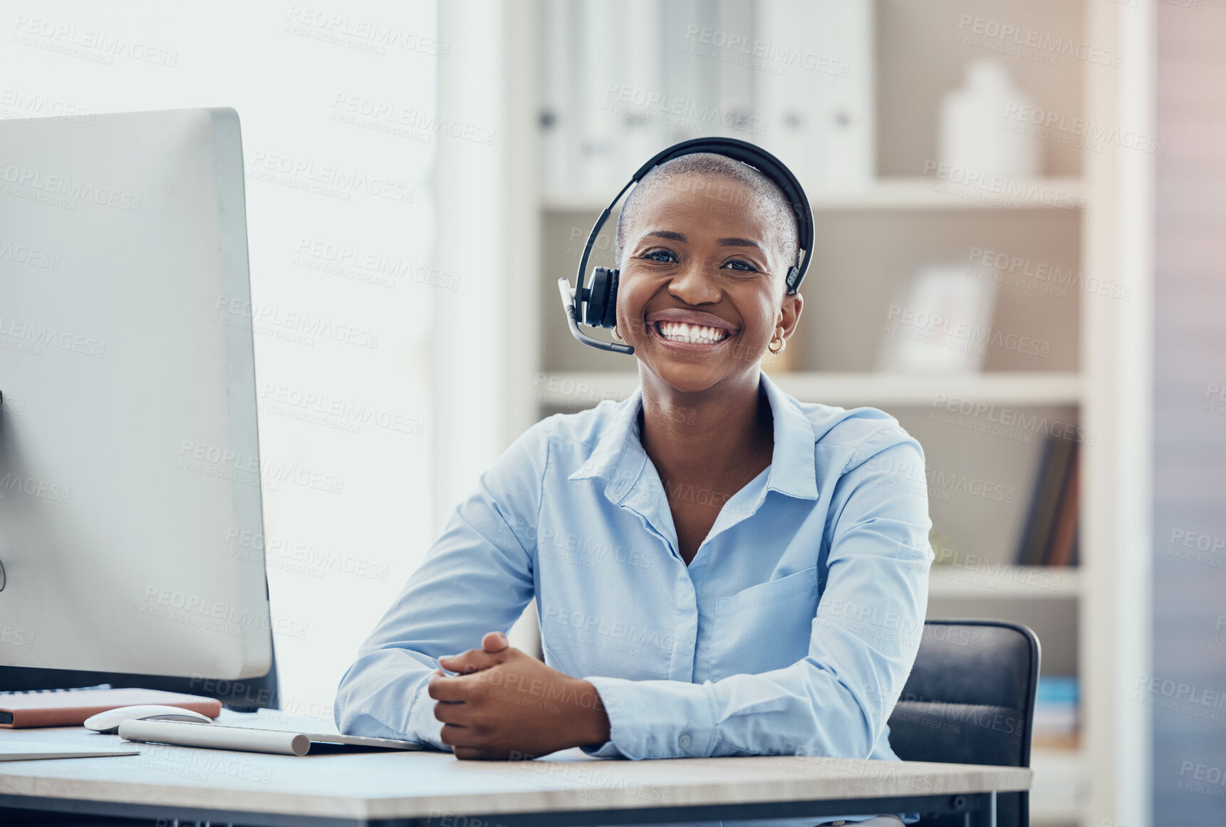 Buy stock photo Call center, customer service and black woman consultant in office for consulting, crm and customer support. Portrait, contact us and face of telemarketing manager happy, smile and relax online job