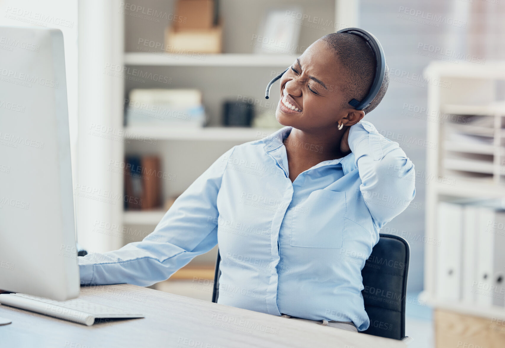 Buy stock photo Black woman, neck pain and call center agent on office computer in crm consulting or contact us telemarketing company. Stress, burnout and muscle tension for worker on b2b customer support technology