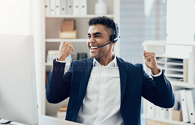 Buy stock photo Businessman, call center and winner sale in telemarketing, broker or customer service at office. Excited employee consultant man celebrating win, deal or bonus in proud achievement at the workplace
