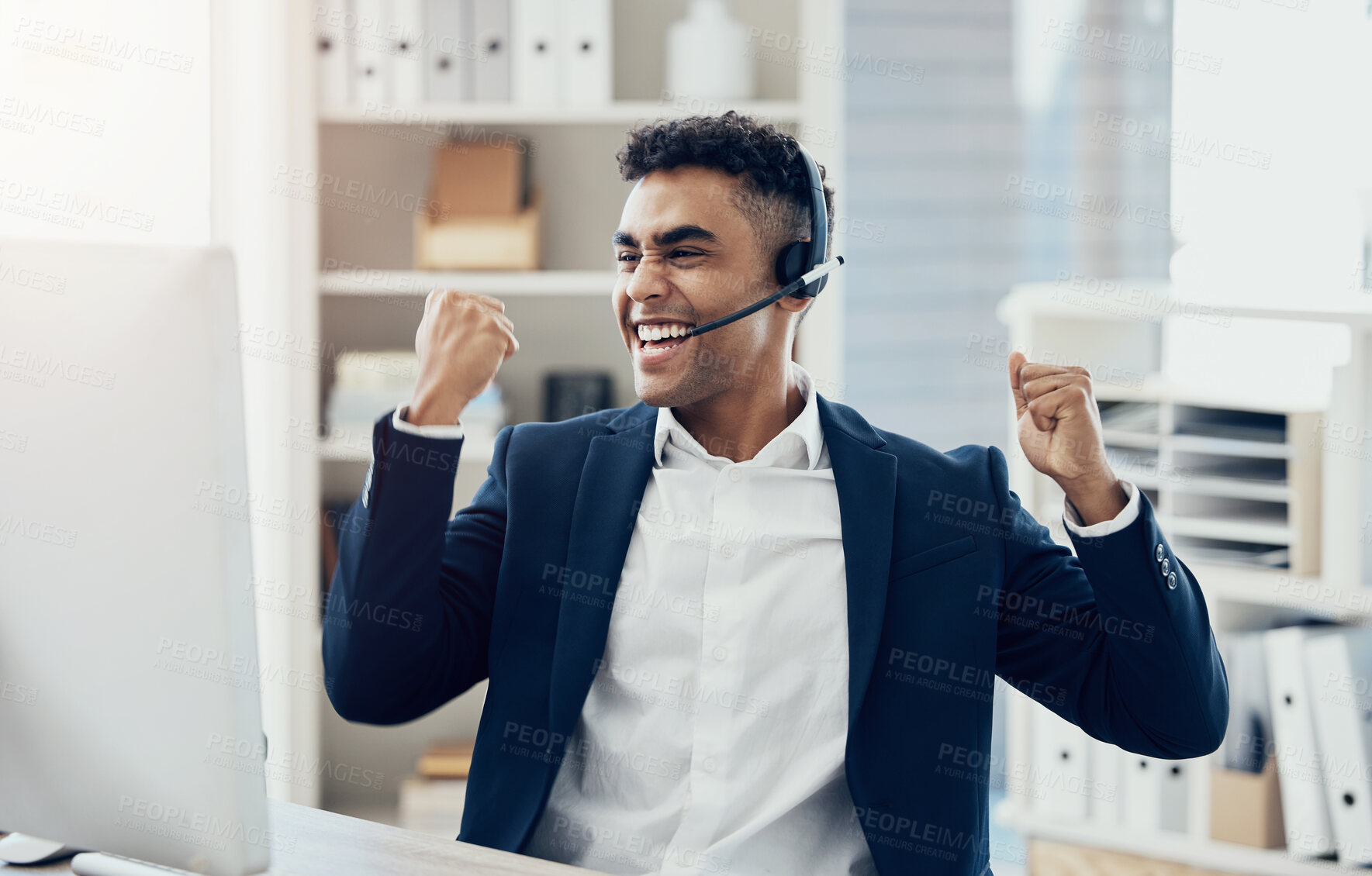 Buy stock photo Businessman, call center and winner sale in telemarketing, broker or customer service at office. Excited employee consultant man celebrating win, deal or bonus in proud achievement at the workplace