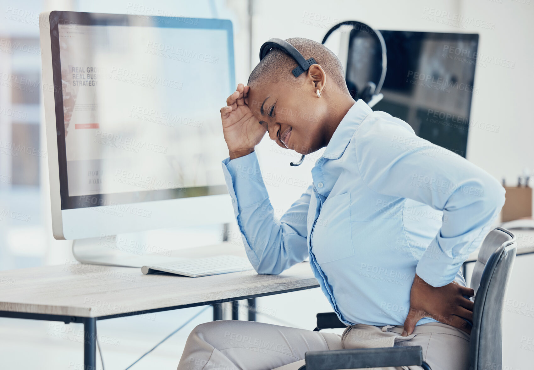 Buy stock photo Black woman, backache and stress in call center with consultant suffering pain, muscle or spinal injury at her desk. Back, pain and burnout by crm manager with headache and posture problem in office