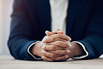 Hands, businessman and ready for company job interview with human resources manager, recruitment agent or hiring consultant. Zoom, ceo and hr leadership in office consulting recruiter for assessment
