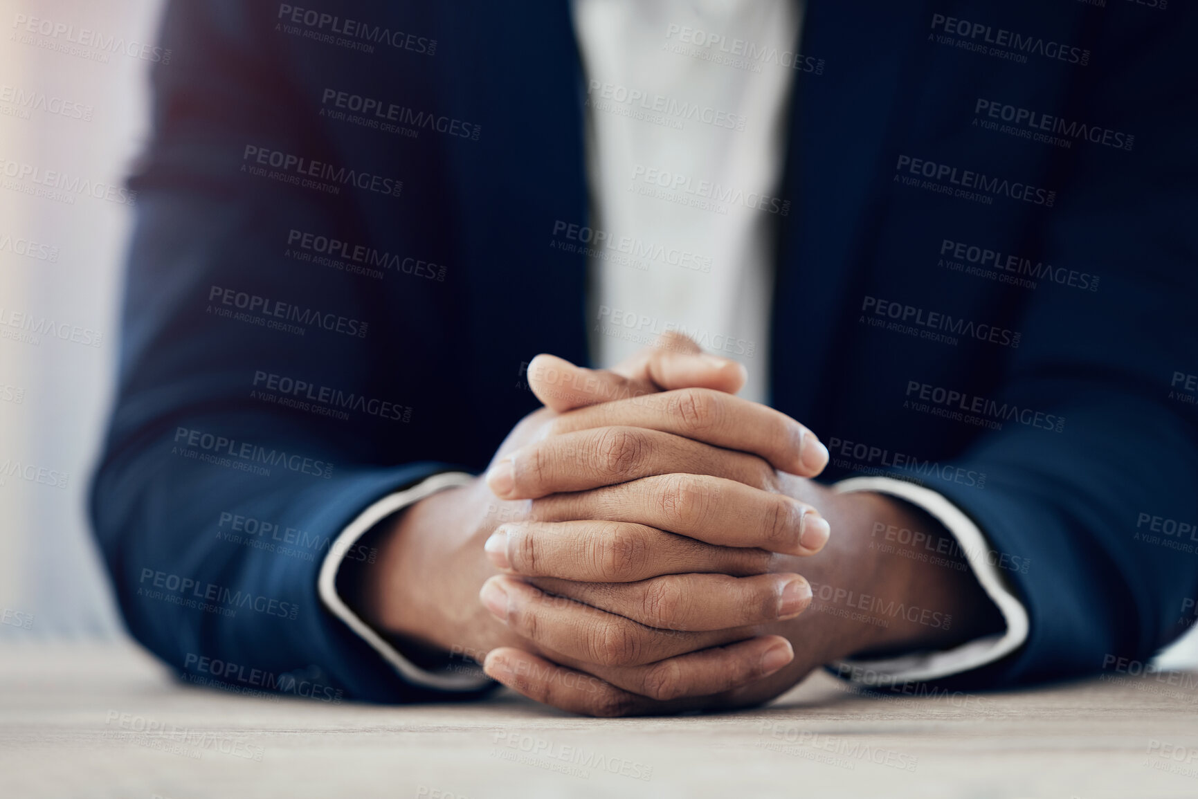 Buy stock photo Hands, businessman and ready for company job interview with human resources manager, recruitment agent or hiring consultant. Zoom, ceo and hr leadership in office consulting recruiter for assessment