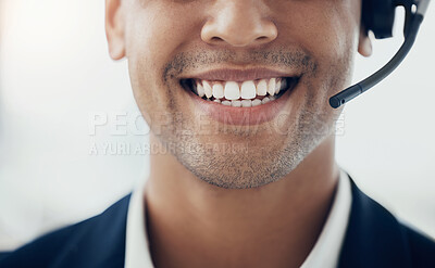 Buy stock photo Call center businessman, face and mouth, microphone and customer service consulting, contact us and telemarketing advice, help and support. Closeup smile salesman, happy consultant and communication 