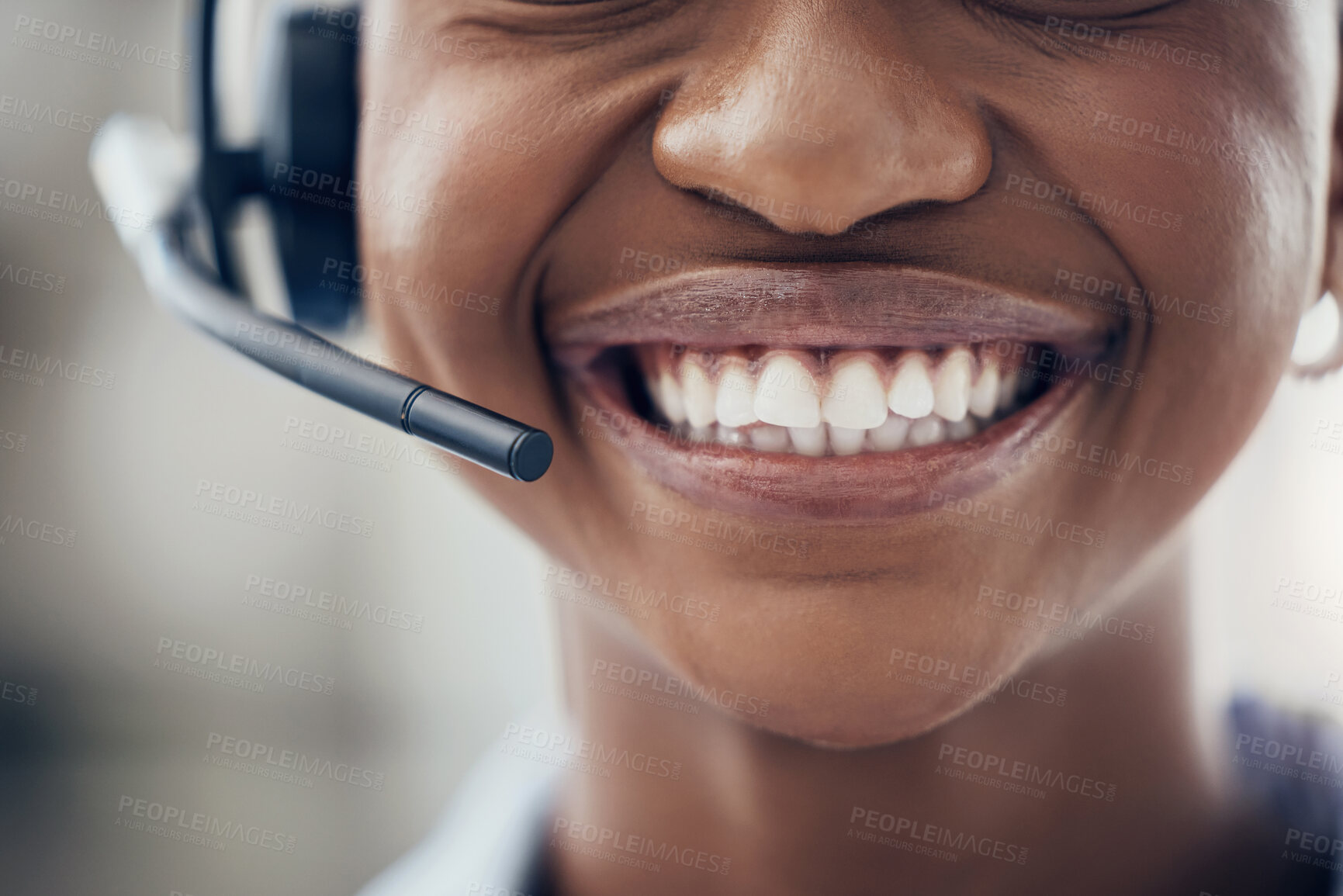Buy stock photo Black woman, teeth and smile with headset in call center, customer service or contact us at the office. Closeup of happy African American female consultant with toothy mouth smiling for telemarketing