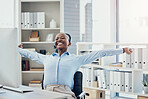 Black woman, stretching and happy call center consultant relax, smile and relief while working for crm, customer support and customer service. Woman, desk and stretch in celebration of sale success
