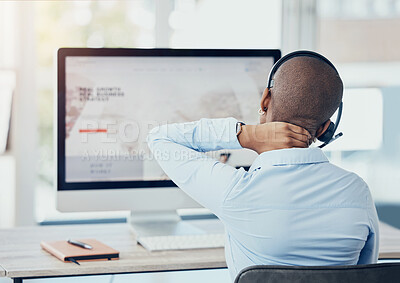 Buy stock photo Woman neck pain, stress and call center health injury, risk and burnout at sales agency computer. Poor office desk ergonomics, joint pain and fatigue, burnout and body problem of telemarketing worker