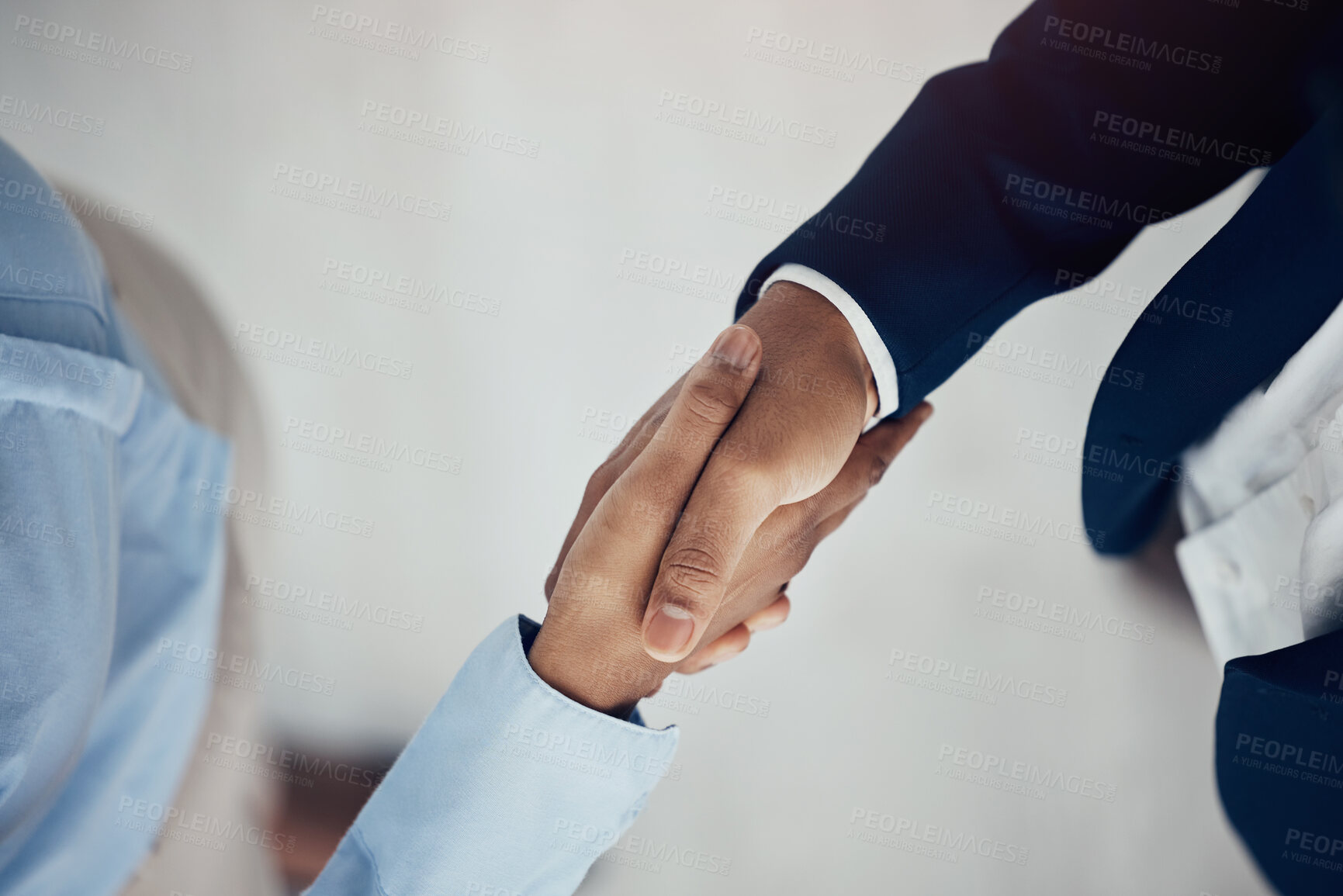 Buy stock photo Business meeting, handshake and business partnership hands in support of teamwork, collaboration and welcome. Thank you, shaking hands and b2b interview for deal, success and vision on mission above
