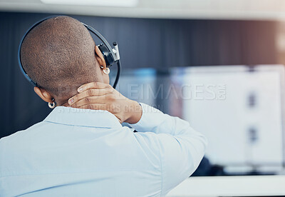 Buy stock photo Black woman, call center or CRM with neck pain, stress or burnout consultant in office with headphones. Customer service, customer support or sales advisor with anxiety, injury or mental health
