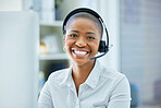 CRM, customer service or happy black woman with smile in office for telemarketing, telecom or contact us success. Call center, ecommerce or customer support in communication, networking or consulting