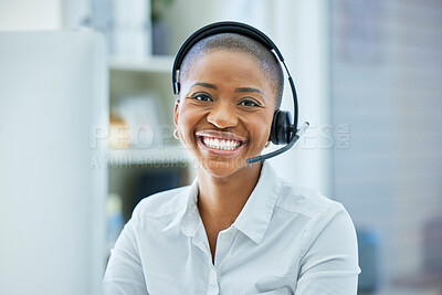 Buy stock photo CRM, customer service or happy black woman with smile in office for telemarketing, telecom or contact us success. Call center, ecommerce or customer support in communication, networking or consulting