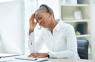 Buy stock photo Black woman, headache and stress in call center by computer for consulting in customer service at the office. African American female suffering from burnout, depression or anxiety in telemarketing