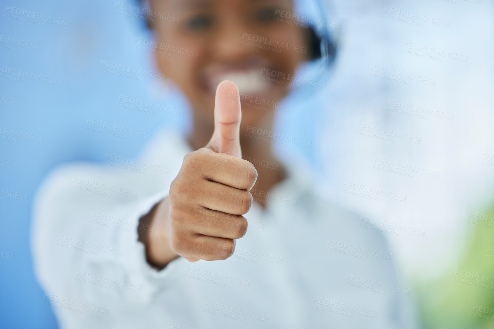 Buy stock photo Hand, thumbs up and woman for call center, ecommerce and telemarketing closeup. Hand, thank you and crm, sales and consultant by black woman happy, smile and excited to show contact us finger sign