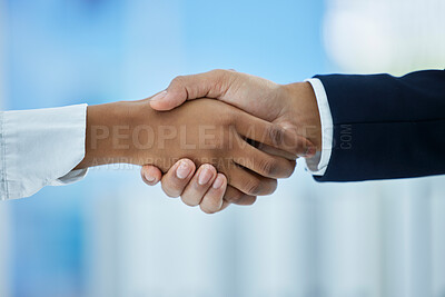 Buy stock photo Business people, handshake and partnership for b2b collaboration on startup, deal and goal. Business meeting, hand shake and hand of man and woman in agreement for vision, goal and mission innovation