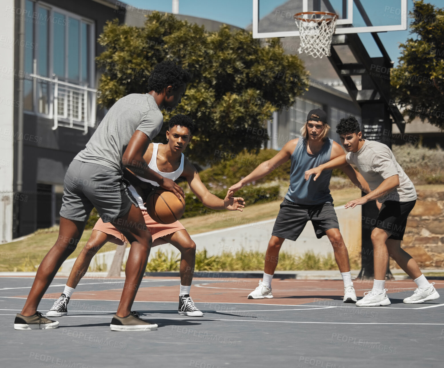 Buy stock photo Basketball, fitness and men in sports game for exercise, workout or training on the court in the outdoors. Active athletic players in sport match playing ball together for healthy fun cardio outside
