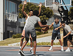 Basketball, training and team sports by basketball players in competitive match, fitness and energy at basketball court. Workout, friends and exercise by men group playing, competing and performance
