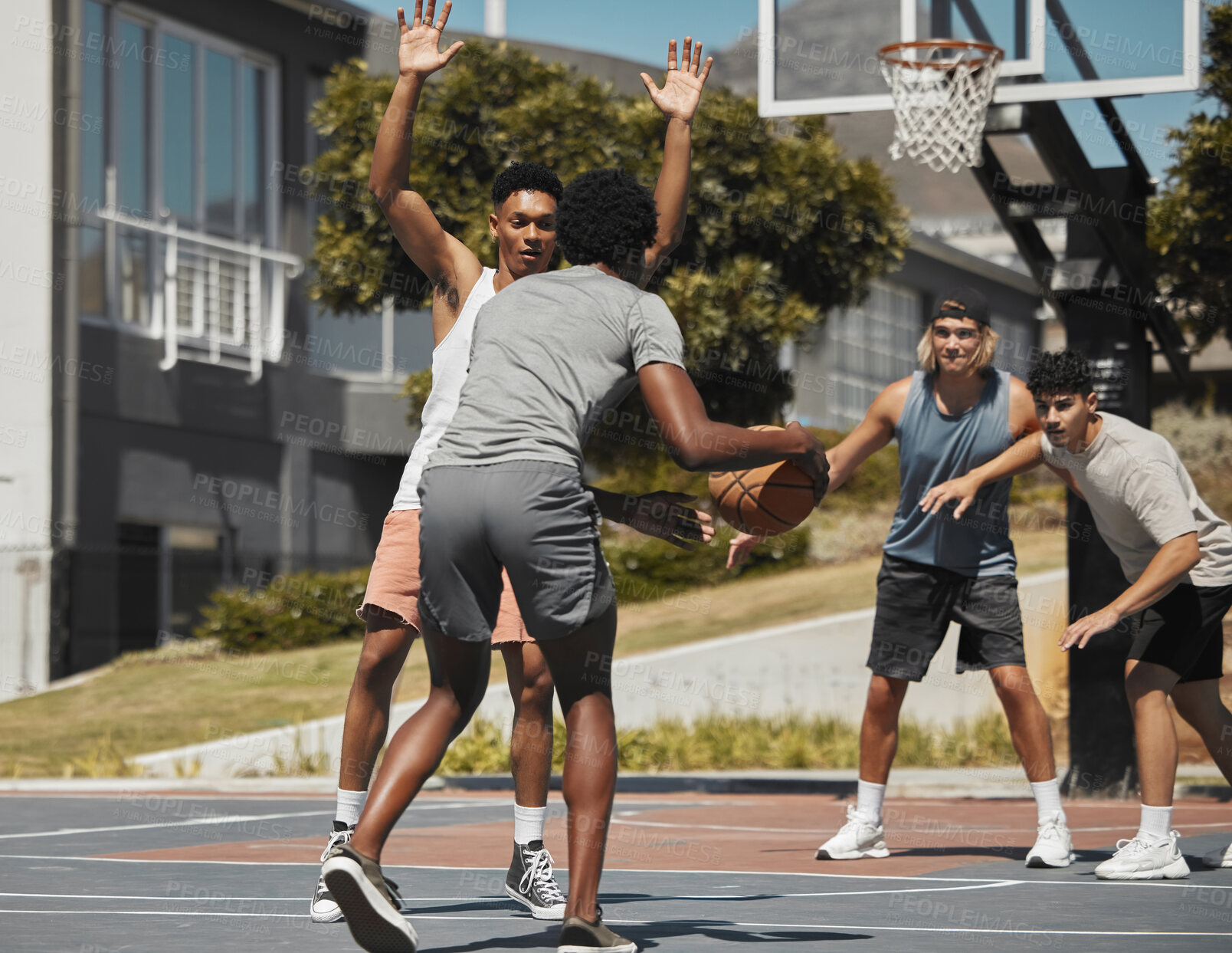 Buy stock photo Basketball, training and team sports by basketball players in competitive match, fitness and energy at basketball court. Workout, friends and exercise by men group playing, competing and performance