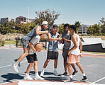 Sports, teamwork and friends with basketball man on court for winner, support and energy. Summer, fitness and exercise with basketball player training and achievement for games, health and workout