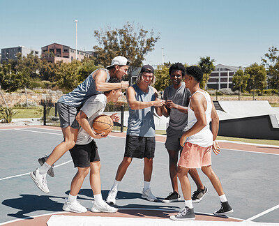 Buy stock photo Sports, teamwork and friends with basketball man on court for winner, support and energy. Summer, fitness and exercise with basketball player training and achievement for games, health and workout