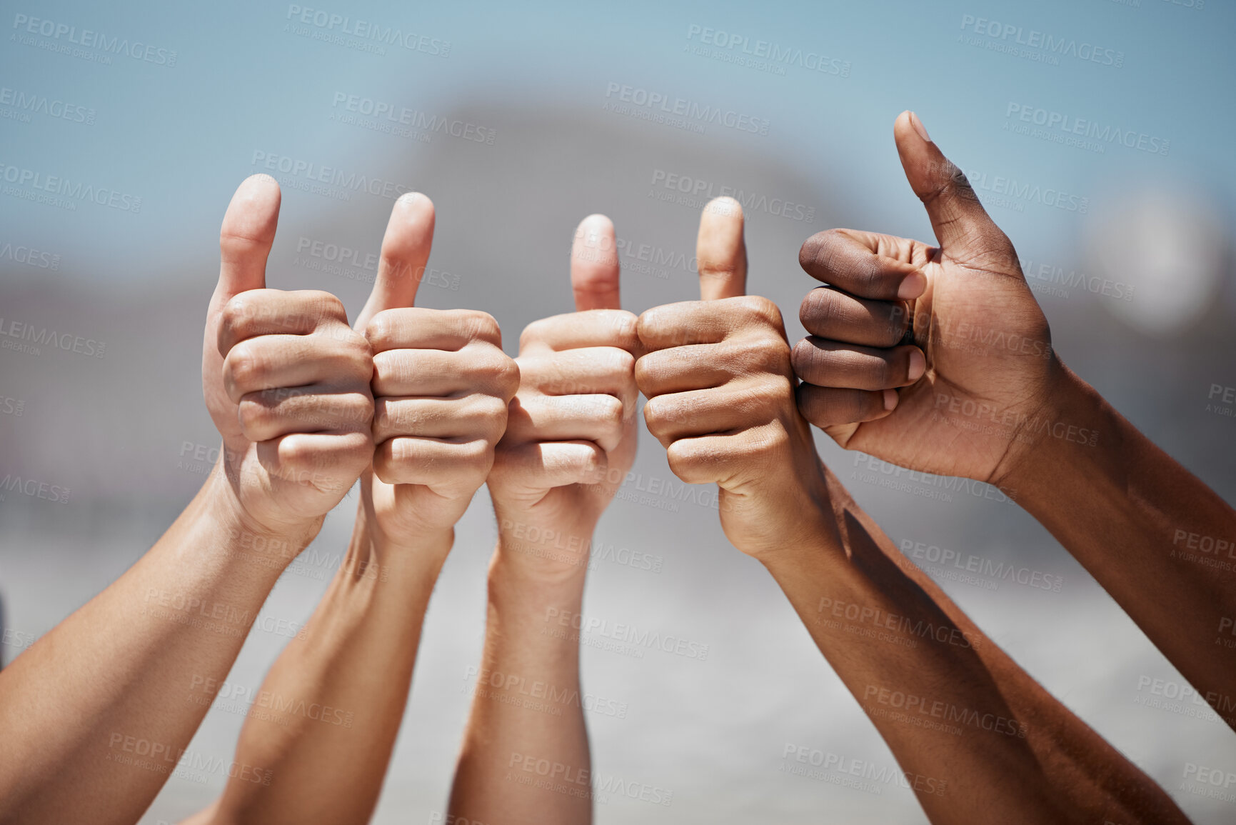 Buy stock photo Thumbs up, friends and sport people hands in support of fitness, exercise and healthy lifestyle closeup outdoor. Sports, hand and success by group workout, cardio and wellness, training and activity
