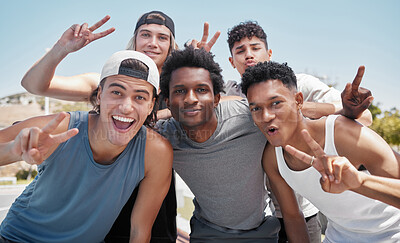 Buy stock photo Sports, peace and friends smile for selfie after exercise, training or cardio in park together, happy and relax. Portrait, hands and face of men pose for picture with peaceful sign, diversity and joy
