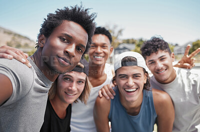 Buy stock photo Sports, friends and selfie after training, exercise or cardio workout in a city, happy and excited outdoors. Face, pov and portrait of men smiling for photo, bond and gun after fitness practice 