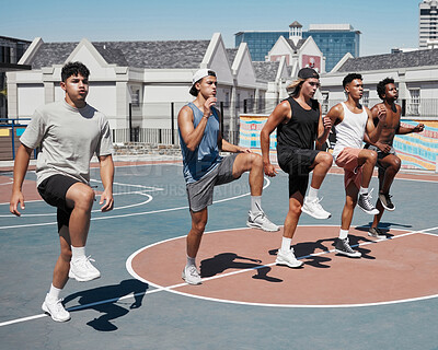 Buy stock photo Basketball, stretching and team training before fitness, exercise and speed performance at basketball court. Workout, basketball players and stretch warm up by men group preparing body for endurance