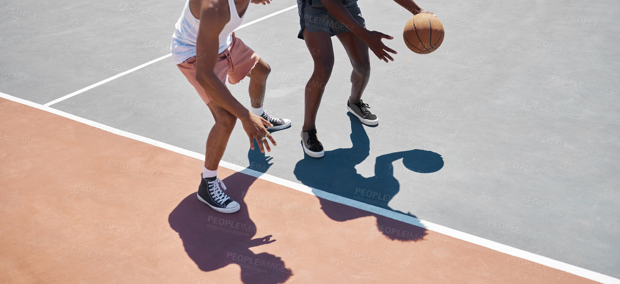 Buy stock photo Sports, fitness and basketball training by men at basketball court for practice, exercise and stamina cardio. Sport, basketball player and friends playing competitive game outdoor, energy and workout