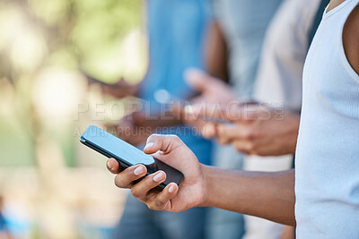 Buy stock photo Hands, phone and social media for sports in communication, texting or chatting in the outdoors. Hand of man in social networking, online conversation or discussion while browsing on mobile smartphone