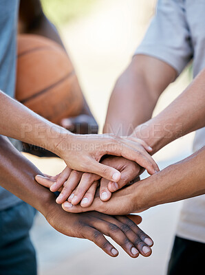 Buy stock photo Hands, basketball and team in sports motivation, support or trust for collaboration, cooperation and unity. Group hand of athletic people in teamwork, meeting or agreement  for sport training outside
