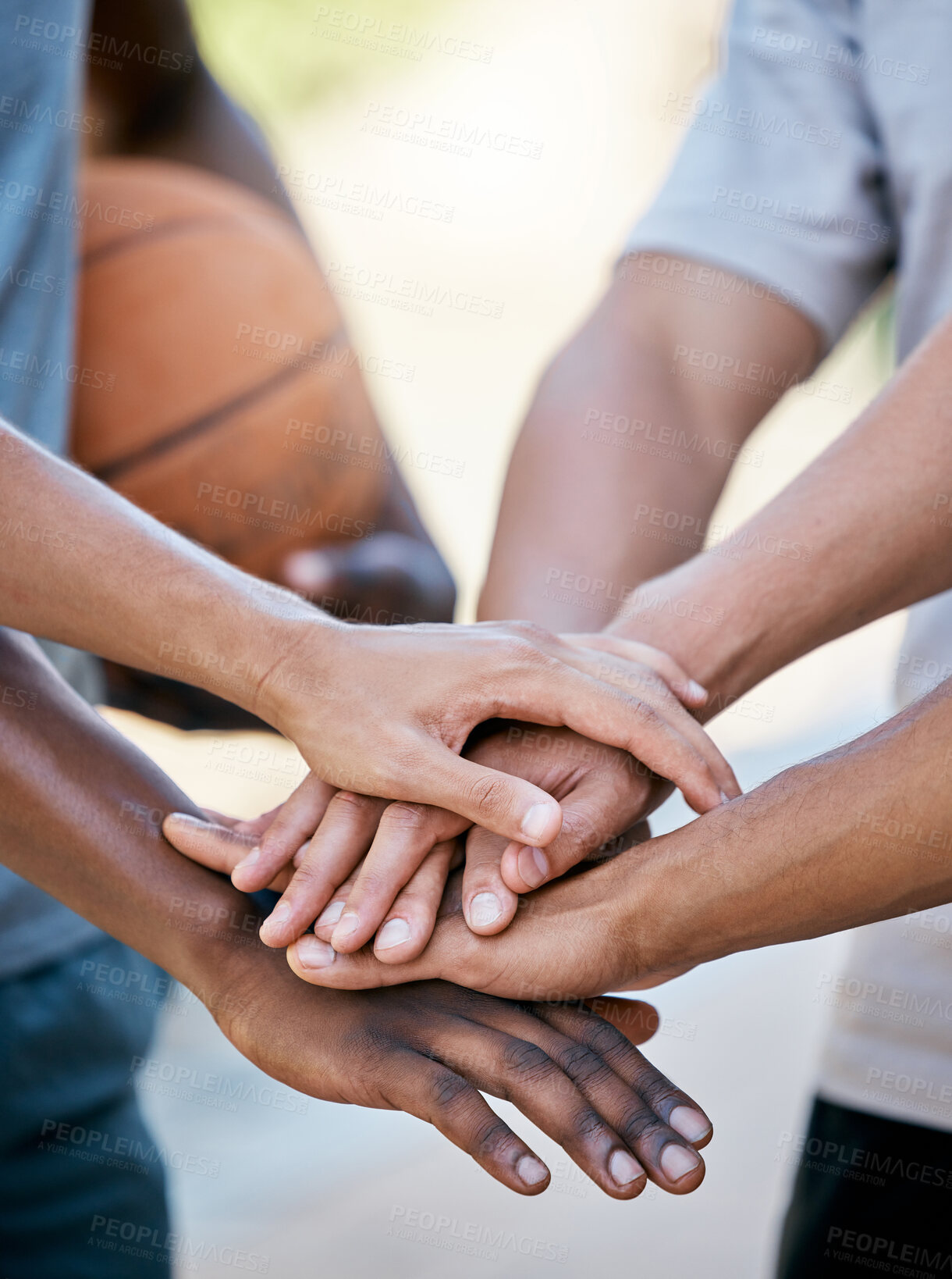 Buy stock photo Hands, basketball and team in sports motivation, support or trust for collaboration, cooperation and unity. Group hand of athletic people in teamwork, meeting or agreement  for sport training outside