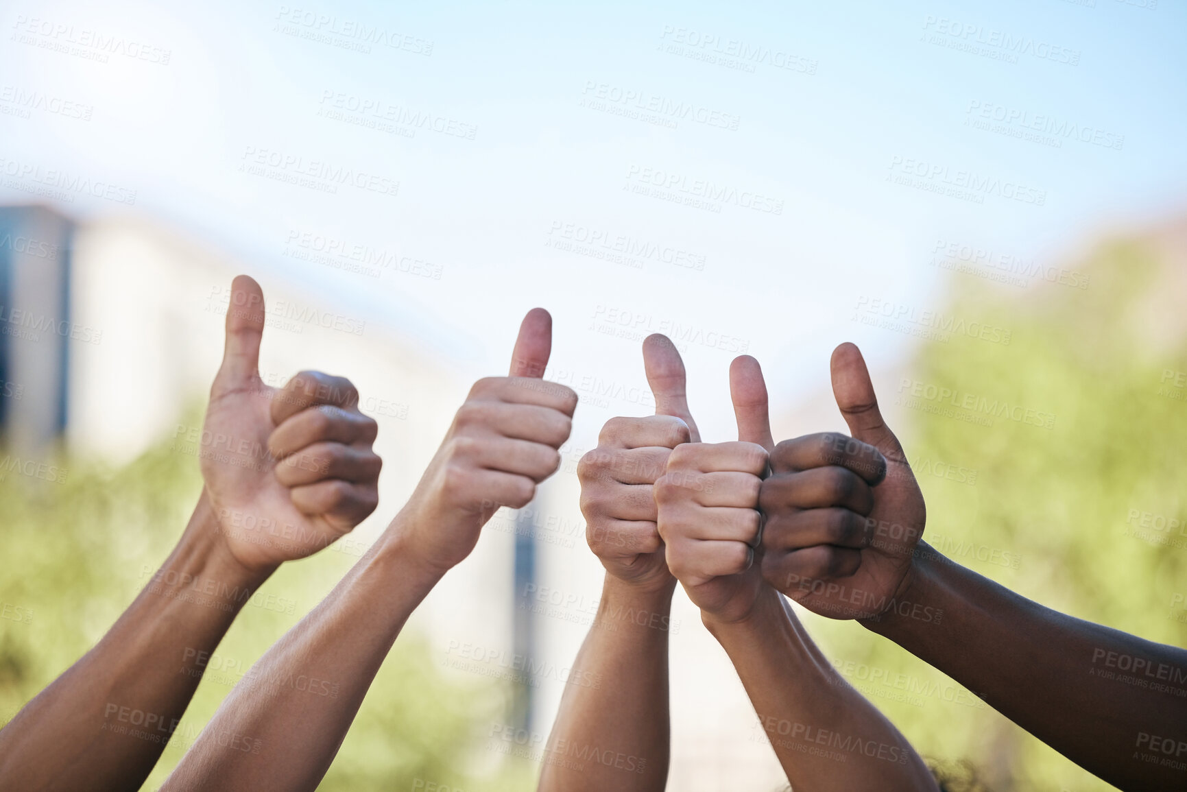 Buy stock photo Diversity, hands and thumbs up in collaboration, teamwork or agreement in solidarity together in the outdoors. Group hand of people in yes, thank you or great gesture for community, trust and support