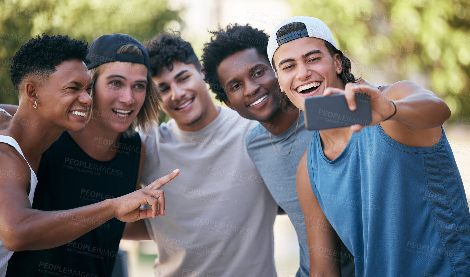 Buy stock photo Fitness, friends and selfie in a city after workout, exercise and morning cardio by happy, smile and men outdoors. Man, phone and group posing for photo after training for health, wellness and fun