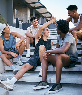 Buy stock photo Friends, relax and group of men on building steps after training, exercise and workout in a city. Happy, handshake and sport man greeting guy, bonding and laughing, talking and fitness in New york
