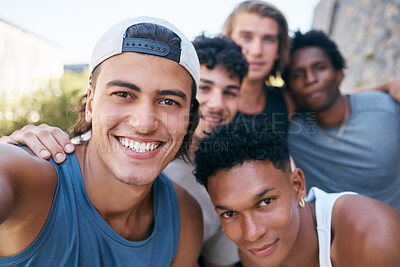 Buy stock photo Friends, fitness and selfie with men after exercise in a city, happy and relax while bonding in nature. Face, portrait and diversity by man group laughing, having fun and photo after training outdoor