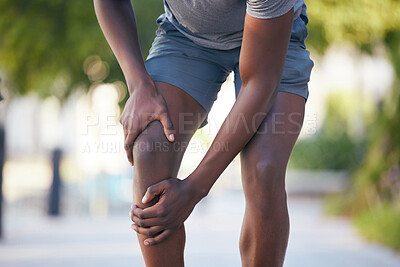 Buy stock photo Knee pain, arthritis and legs of man runner during training, running or cardio workout in park. Muscle, leg and sport injury by athletic guy on morning run, pain and inflammation, fracture and hurt