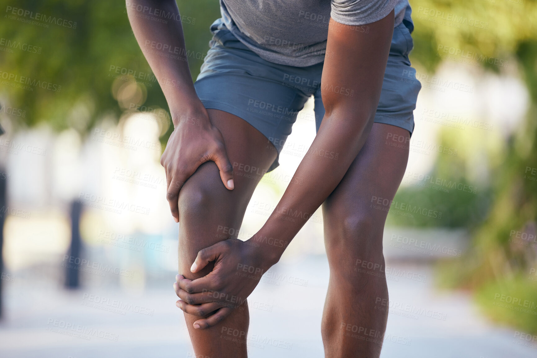 Buy stock photo Knee pain, arthritis and legs of man runner during training, running or cardio workout in park. Muscle, leg and sport injury by athletic guy on morning run, pain and inflammation, fracture and hurt