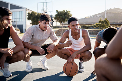 Buy stock photo Basketball, team and meeting in game discussion for strategy, planning or collaboration on the court. Group of sports men talking in teamwork, conversation or match plan together in the outdoors