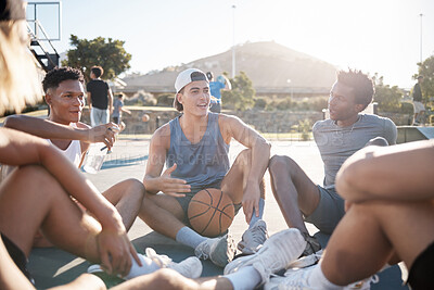 Buy stock photo Basketball, team and friends in social conversation for sports, exercise or training in the outdoors. Athletic men in sport meeting, collaboration or communication and relaxing together on the court
