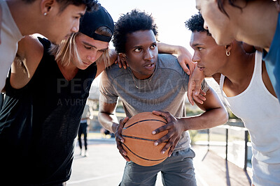 Buy stock photo Basketball, team and huddle on basketball court in trust circle for motivation, planning and game strategy. Fitness, friends and basketball players share sport goal, mission and support while talking